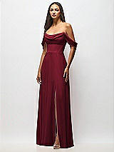 Front View Thumbnail - Burgundy Chiffon Corset Maxi Dress with Removable Off-the-Shoulder Swags