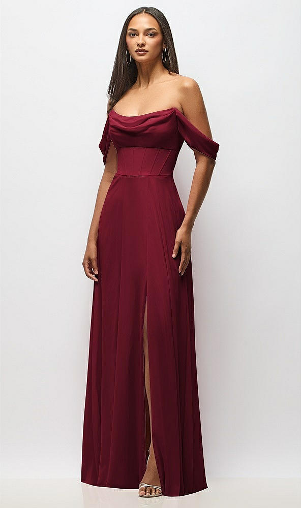 Front View - Burgundy Chiffon Corset Maxi Dress with Removable Off-the-Shoulder Swags