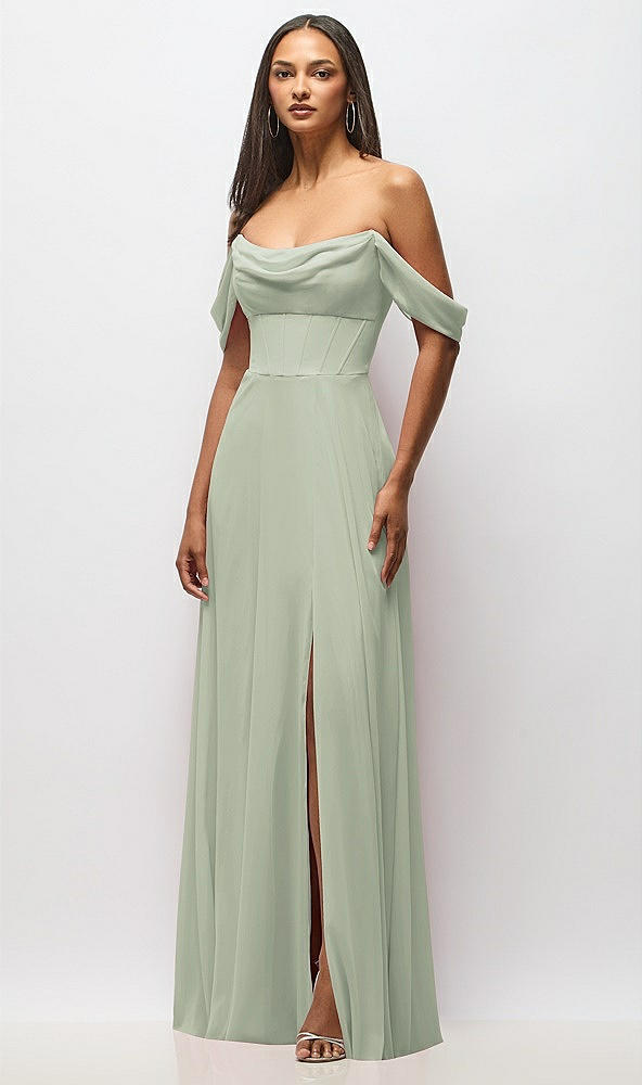 Front View - Celadon Chiffon Corset Maxi Dress with Removable Off-the-Shoulder Swags