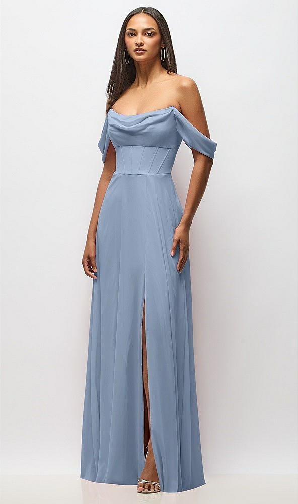 Front View - Cloudy Chiffon Corset Maxi Dress with Removable Off-the-Shoulder Swags