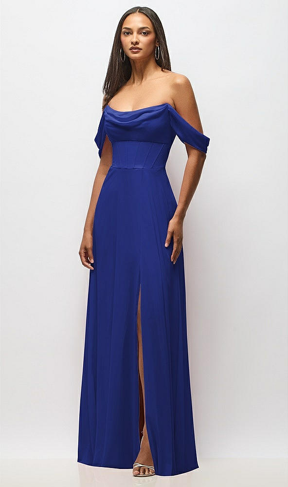 Front View - Cobalt Blue Chiffon Corset Maxi Dress with Removable Off-the-Shoulder Swags