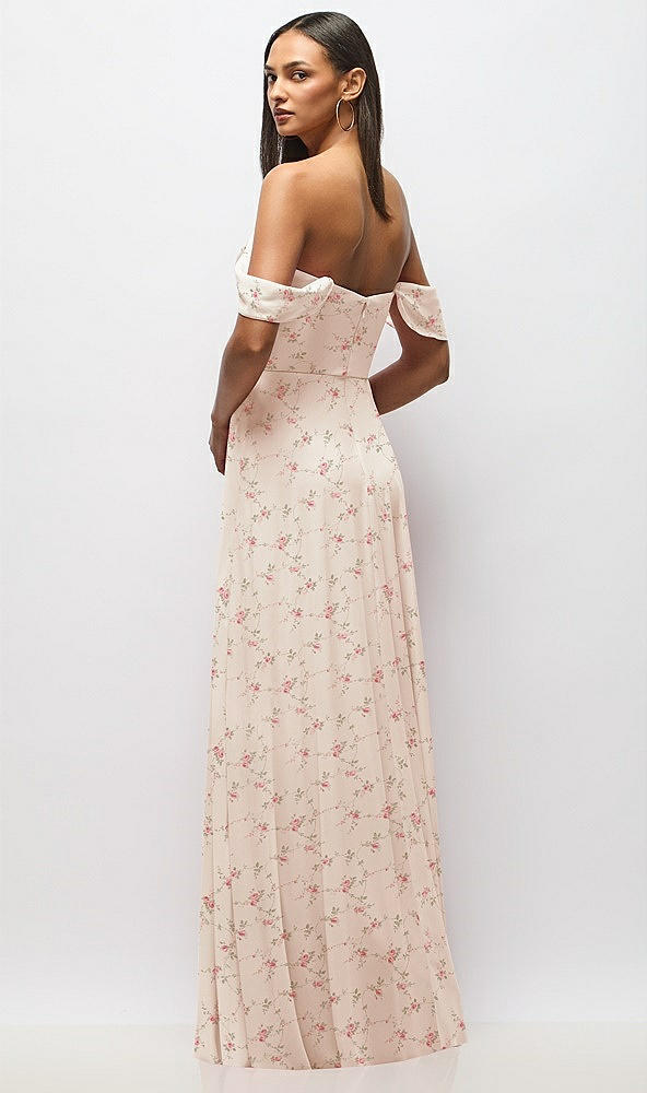 Back View - Coquette Floral Print Chiffon Corset Maxi Dress with Removable Off-the-Shoulder Swags