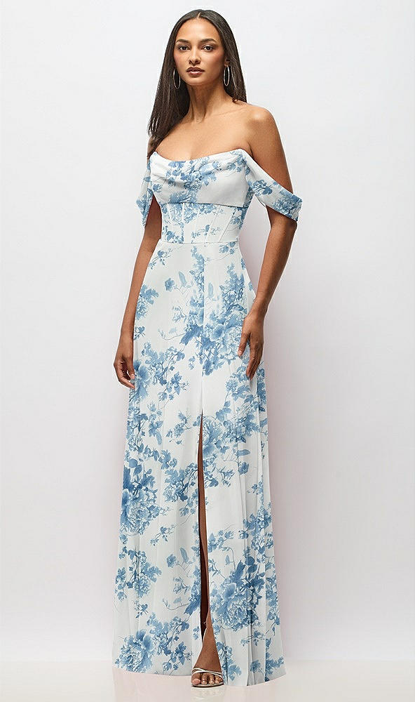 Front View - Cottage Rose Dusk Blue Chiffon Corset Maxi Dress with Removable Off-the-Shoulder Swags