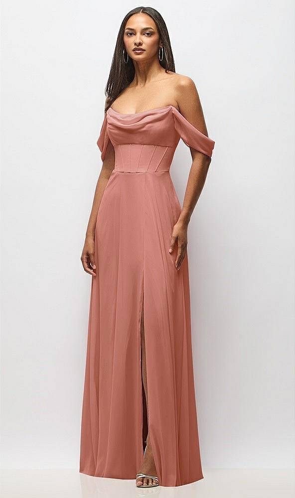 Front View - Desert Rose Chiffon Corset Maxi Dress with Removable Off-the-Shoulder Swags