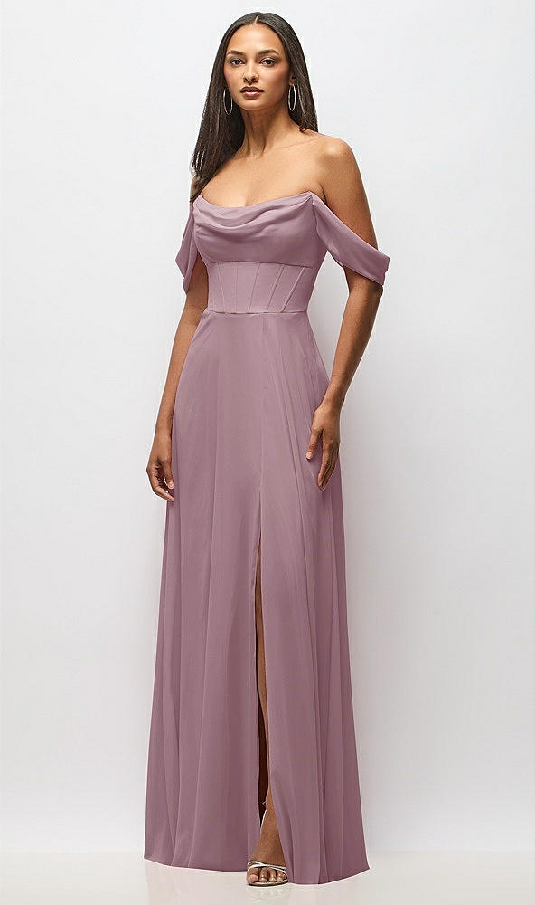 Front View - Dusty Rose Chiffon Corset Maxi Dress with Removable Off-the-Shoulder Swags