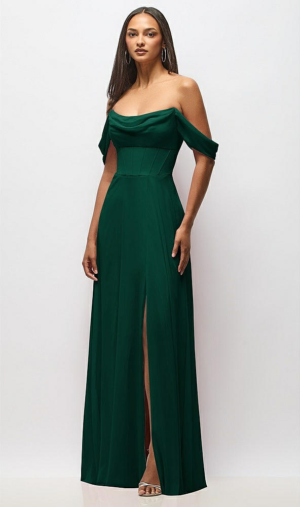 Front View - Hunter Green Chiffon Corset Maxi Dress with Removable Off-the-Shoulder Swags