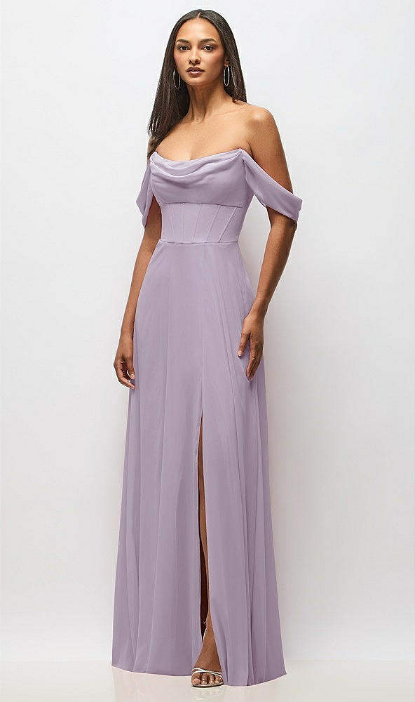 Front View - Lilac Haze Chiffon Corset Maxi Dress with Removable Off-the-Shoulder Swags
