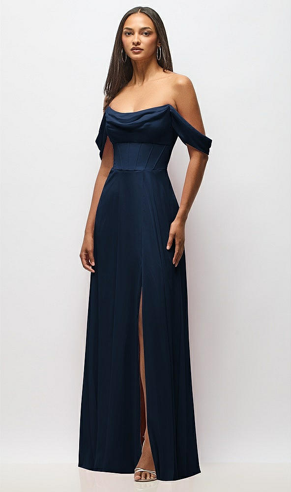 Front View - Midnight Navy Chiffon Corset Maxi Dress with Removable Off-the-Shoulder Swags