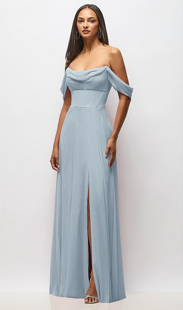 Front View - Mist Chiffon Corset Maxi Dress with Removable Off-the-Shoulder Swags