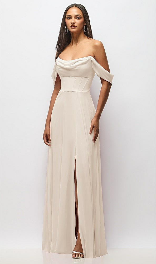 Front View - Oat Chiffon Corset Maxi Dress with Removable Off-the-Shoulder Swags
