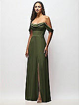 Front View Thumbnail - Olive Green Chiffon Corset Maxi Dress with Removable Off-the-Shoulder Swags