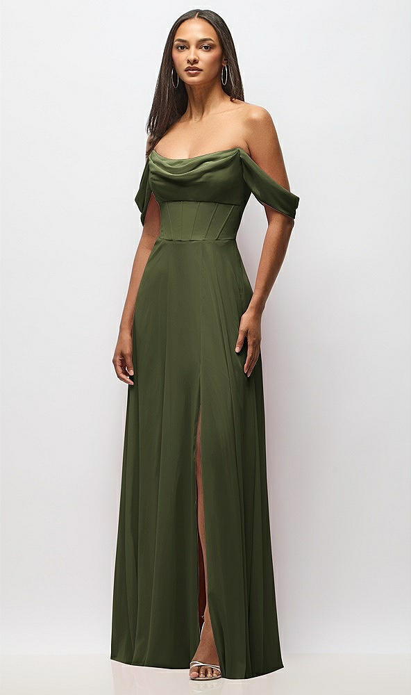 Front View - Olive Green Chiffon Corset Maxi Dress with Removable Off-the-Shoulder Swags