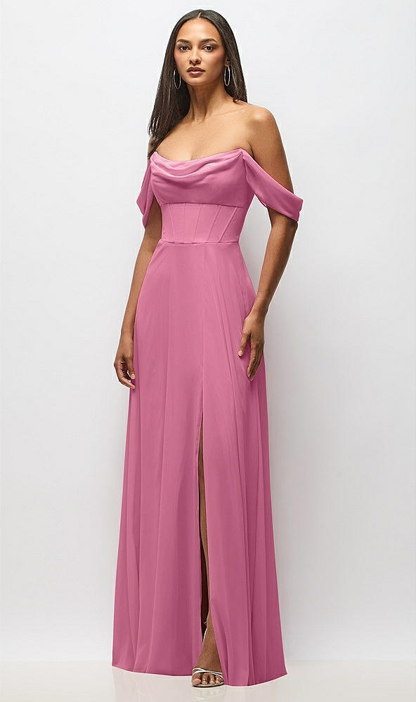 Front View - Orchid Pink Chiffon Corset Maxi Dress with Removable Off-the-Shoulder Swags