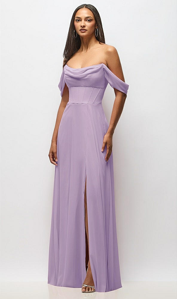 Front View - Pale Purple Chiffon Corset Maxi Dress with Removable Off-the-Shoulder Swags