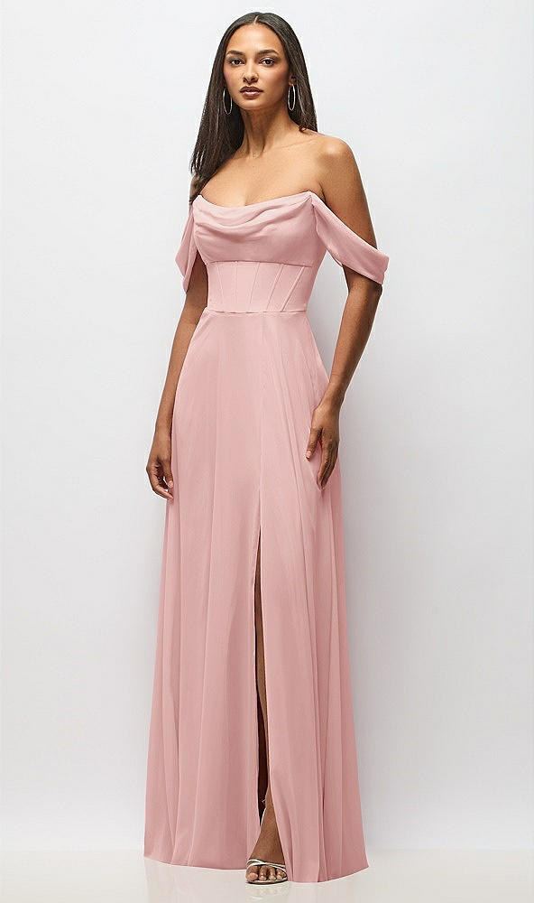 Front View - Rose Chiffon Corset Maxi Dress with Removable Off-the-Shoulder Swags