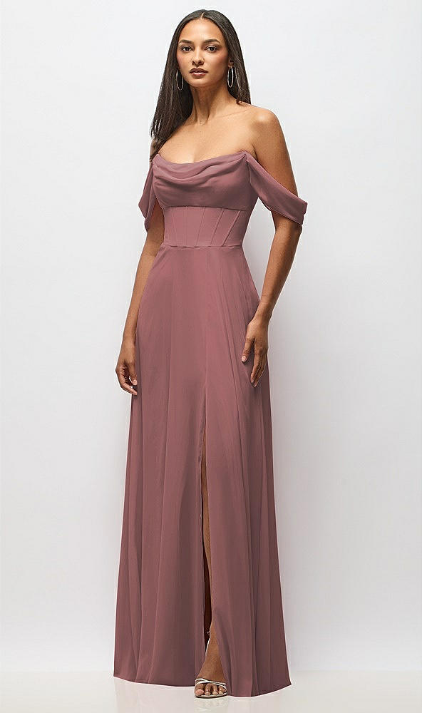 Front View - Rosewood Chiffon Corset Maxi Dress with Removable Off-the-Shoulder Swags