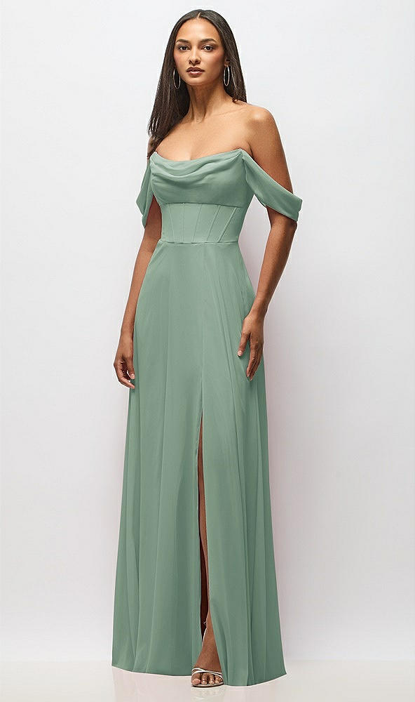 Front View - Seagrass Chiffon Corset Maxi Dress with Removable Off-the-Shoulder Swags