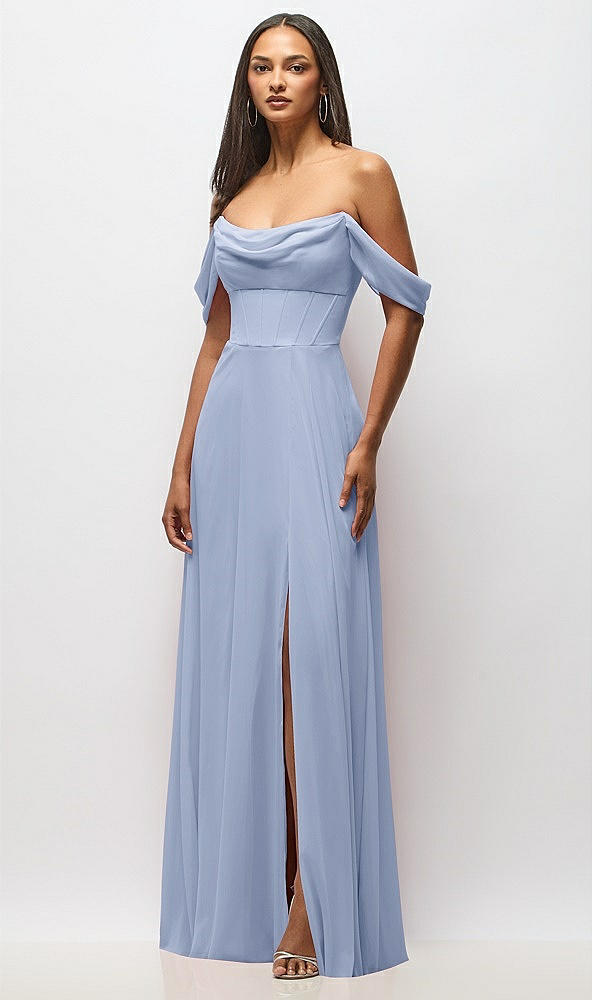 Front View - Sky Blue Chiffon Corset Maxi Dress with Removable Off-the-Shoulder Swags