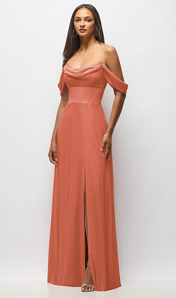 Front View - Terracotta Copper Chiffon Corset Maxi Dress with Removable Off-the-Shoulder Swags