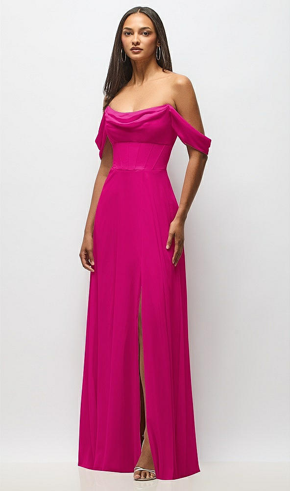 Front View - Think Pink Chiffon Corset Maxi Dress with Removable Off-the-Shoulder Swags