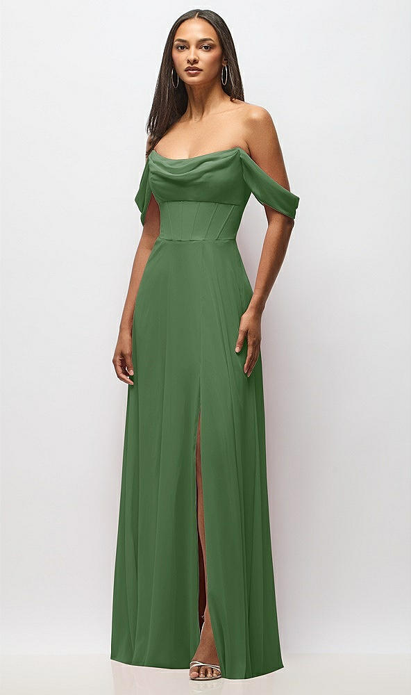 Front View - Vineyard Green Chiffon Corset Maxi Dress with Removable Off-the-Shoulder Swags