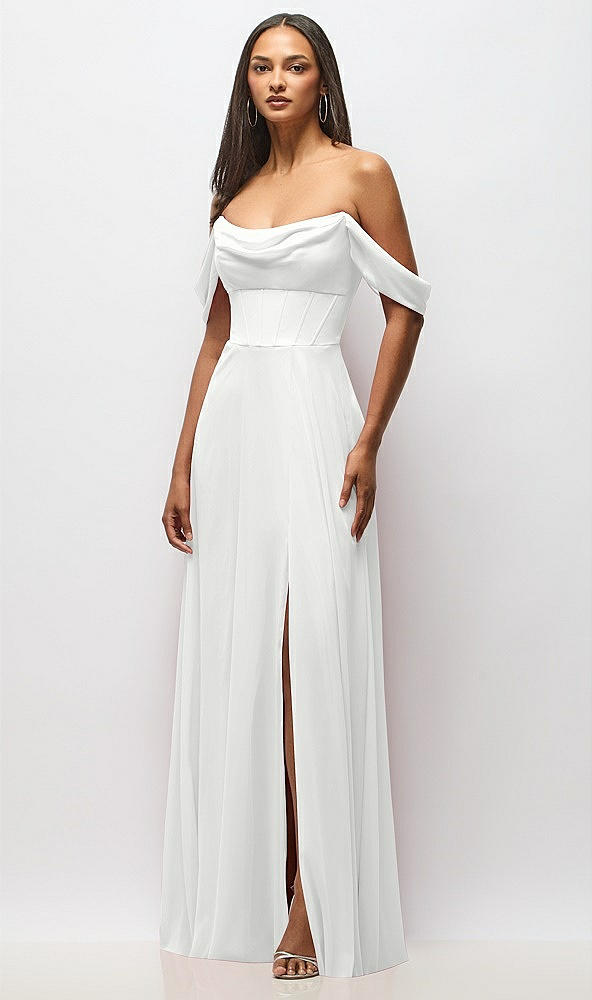 Front View - White Chiffon Corset Maxi Dress with Removable Off-the-Shoulder Swags