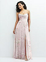 Alt View 1 Thumbnail - Watercolor Print Chiffon Corset Maxi Dress with Removable Off-the-Shoulder Swags