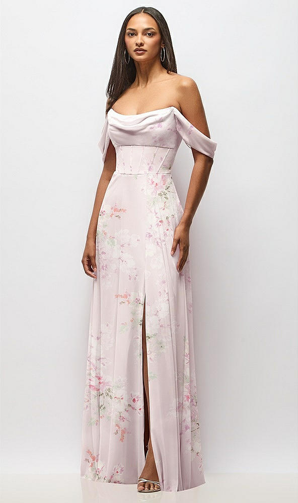 Front View - Watercolor Print Chiffon Corset Maxi Dress with Removable Off-the-Shoulder Swags