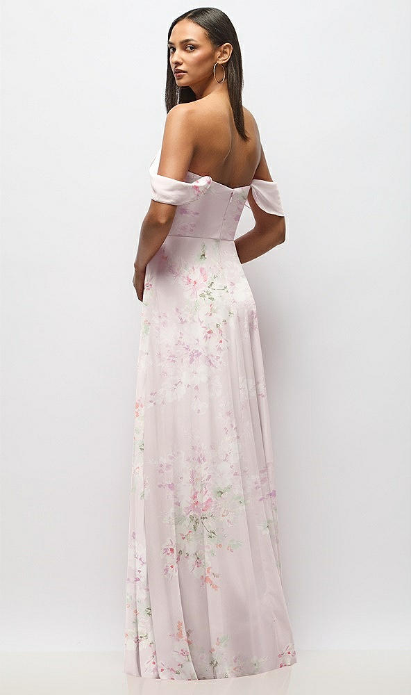 Back View - Watercolor Print Chiffon Corset Maxi Dress with Removable Off-the-Shoulder Swags