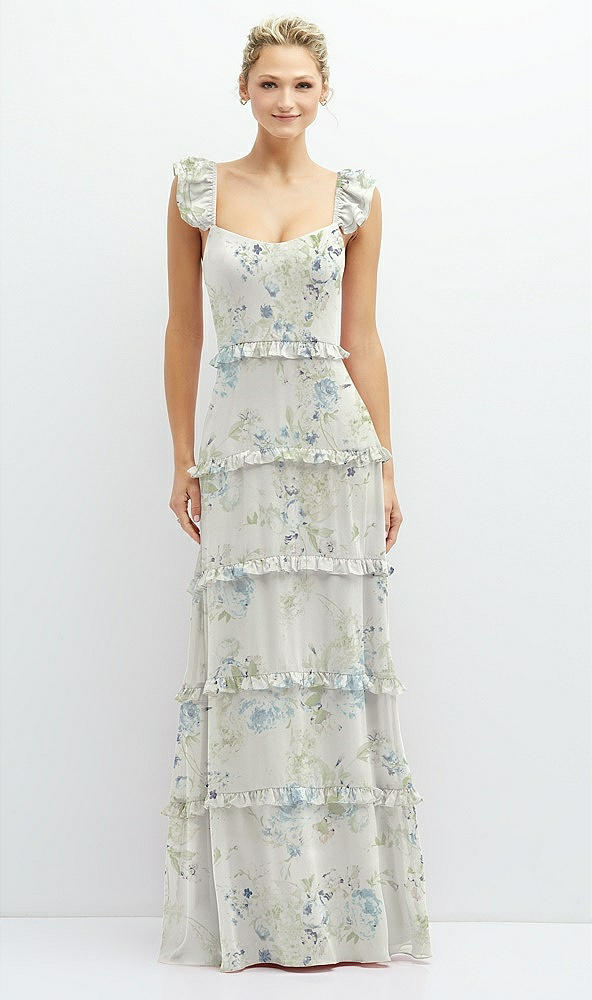Front View - Bleu Garden Tiered Chiffon Maxi A-line Dress with Convertible Ruffle Straps