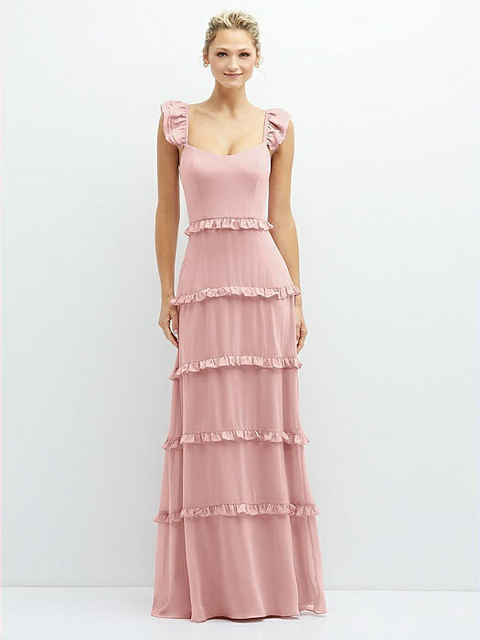 Tiered Chiffon Maxi A-line Dress with Convertible Ruffle Straps