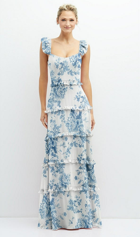 Front View - Cottage Rose Dusk Blue Tiered Chiffon Maxi A-line Dress with Convertible Ruffle Straps