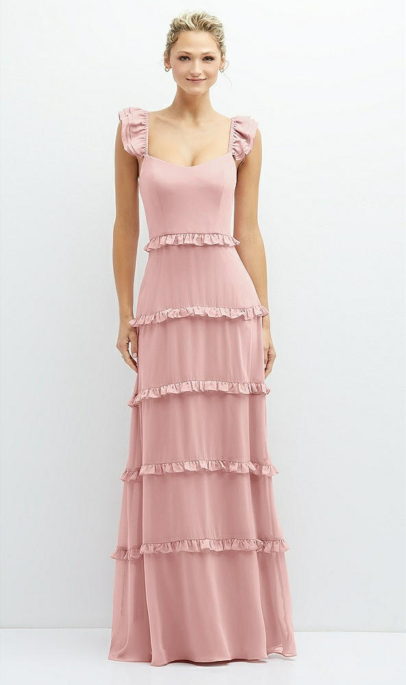 Front View - Rose Tiered Chiffon Maxi A-line Dress with Convertible Ruffle Straps