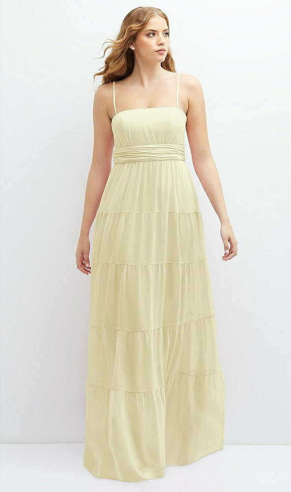 Front View - Butter Yellow Modern Regency Chiffon Tiered Maxi Dress with Tie-Back