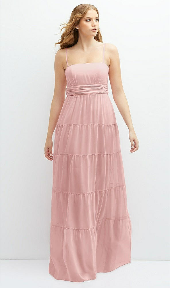 Front View - Rose Modern Regency Chiffon Tiered Maxi Dress with Tie-Back