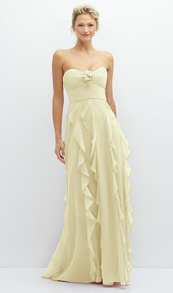 Front View - Butter Yellow Strapless Vertical Ruffle Chiffon Maxi Dress with Flower Detail