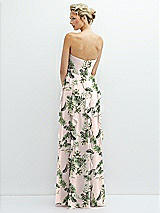 Rear View Thumbnail - Palm Beach Print Strapless Vertical Ruffle Chiffon Maxi Dress with Flower Detail