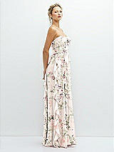 Side View Thumbnail - Blush Garden Strapless Vertical Ruffle Chiffon Maxi Dress with Flower Detail