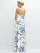Rear View Thumbnail - Cottage Rose Dusk Blue Strapless Vertical Ruffle Chiffon Maxi Dress with Flower Detail