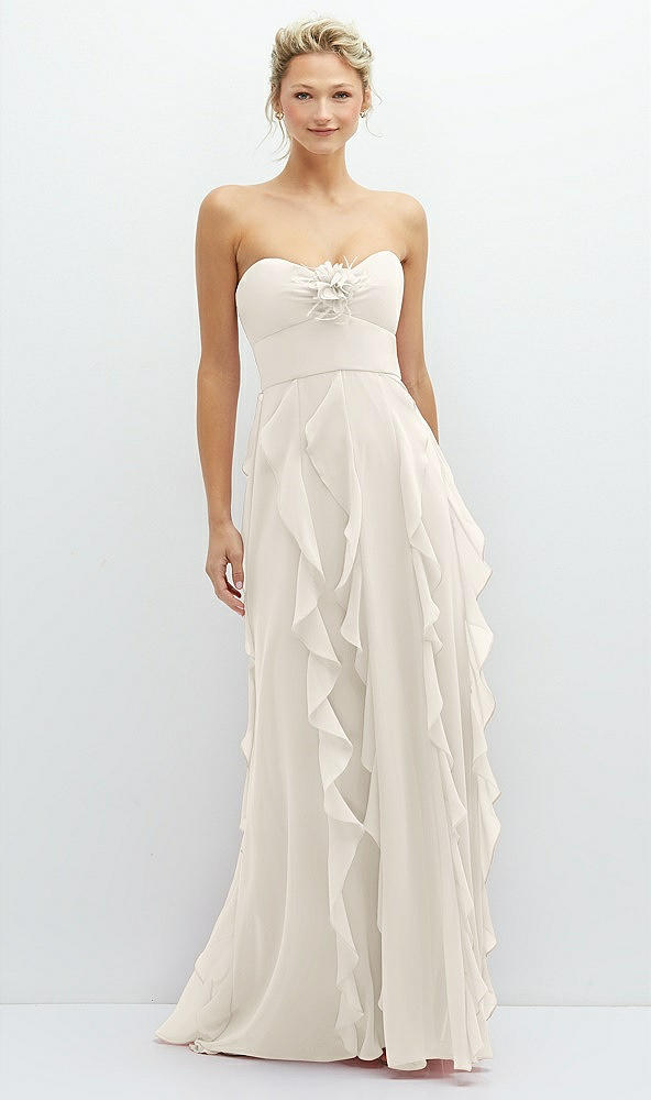 Front View - Ivory Strapless Vertical Ruffle Chiffon Maxi Dress with Flower Detail