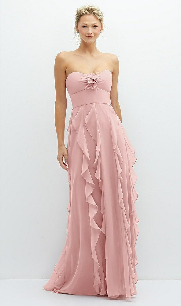 Front View - Rose Strapless Vertical Ruffle Chiffon Maxi Dress with Flower Detail