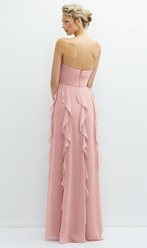 Back View - Rose Strapless Vertical Ruffle Chiffon Maxi Dress with Flower Detail