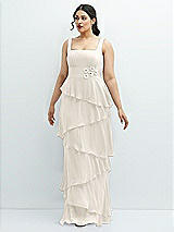 Front View Thumbnail - Ivory Asymmetrical Tiered Ruffle Chiffon Maxi Dress with Handworked Flowers Detail