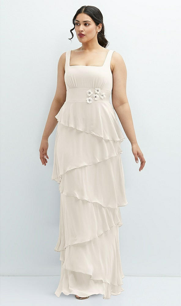 Front View - Ivory Asymmetrical Tiered Ruffle Chiffon Maxi Dress with Handworked Flowers Detail