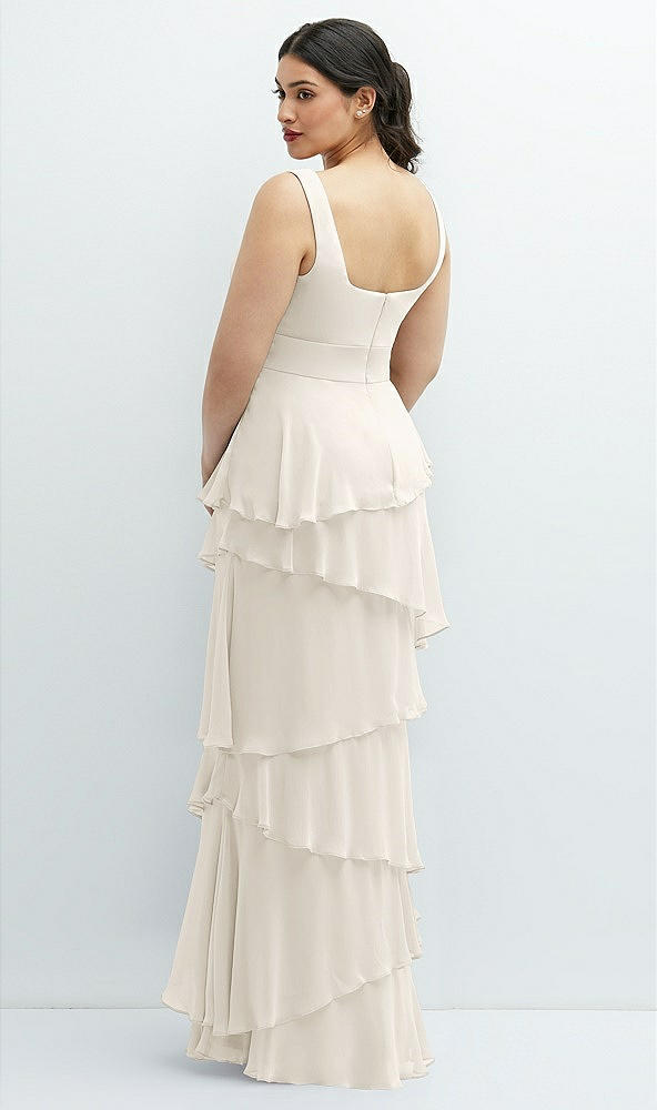 Back View - Ivory Asymmetrical Tiered Ruffle Chiffon Maxi Dress with Handworked Flowers Detail