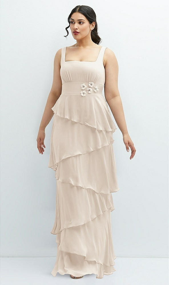 Front View - Oat Asymmetrical Tiered Ruffle Chiffon Maxi Dress with Handworked Flowers Detail
