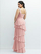 Rear View Thumbnail - Rose Asymmetrical Tiered Ruffle Chiffon Maxi Dress with Handworked Flowers Detail