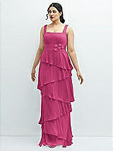 Front View Thumbnail - Tea Rose Asymmetrical Tiered Ruffle Chiffon Maxi Dress with Handworked Flowers Detail