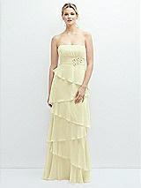 Front View Thumbnail - Butter Yellow Strapless Asymmetrical Tiered Ruffle Chiffon Maxi Dress with Handworked Flower Detail