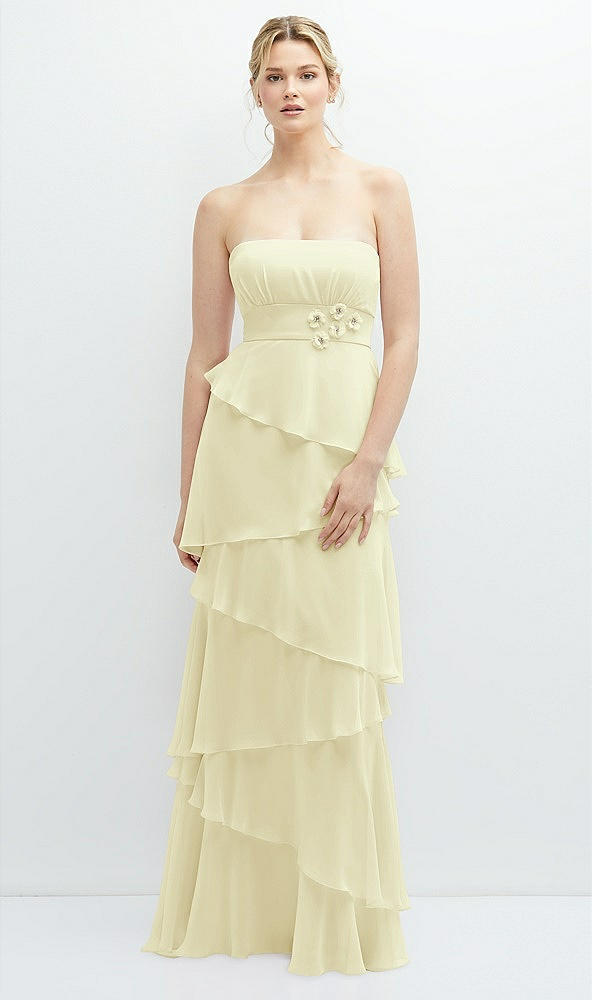 Front View - Butter Yellow Strapless Asymmetrical Tiered Ruffle Chiffon Maxi Dress with Handworked Flower Detail